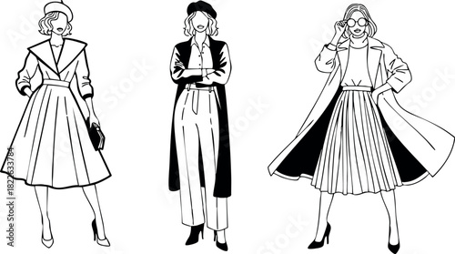 Vintage style women fashion illustration with coats and skirts