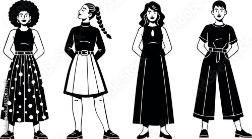 Four women standing in different fashionable dresses monochrome vector
