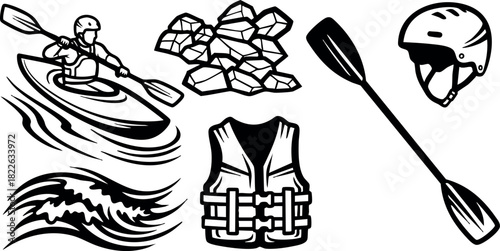 Kayaking gear and water sports equipment vector illustration