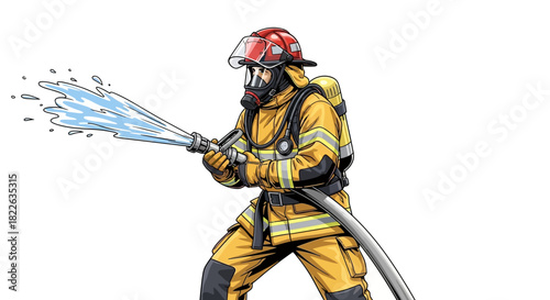 Illustration of a firefighter in full protective gear, holding a hose and spraying a powerful stream of water.