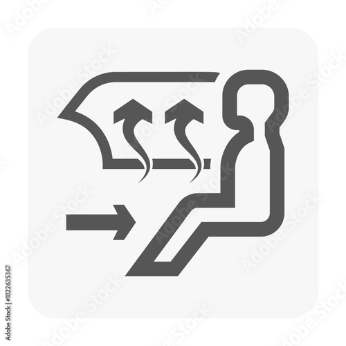 Automotive cabin ventilation system vector icon in black outline, illustrating seated passenger with airflow lines indicating fresh air circulation. Perfect for car dashboard symbols, climate control.