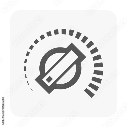 Black outline illustration of master control dial featuring rotating knob and indicator marks, symbolizing precision adjustment, settings control. Ideal for air conditioning, automotive systems.