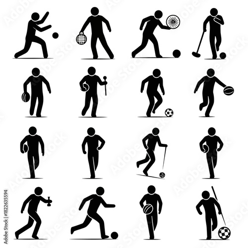 Diverse Sports Pictograms - Athletes in Action with Various Equipment.