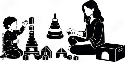 Mother and child playing with stacking blocks toy set