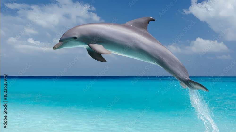 Obraz premium cetacean. Dolphin leaping from turquoise ocean waters, dynamic marine life in motion. wildlife magazines, conservation campaigns, designed for nature documentaries and education.