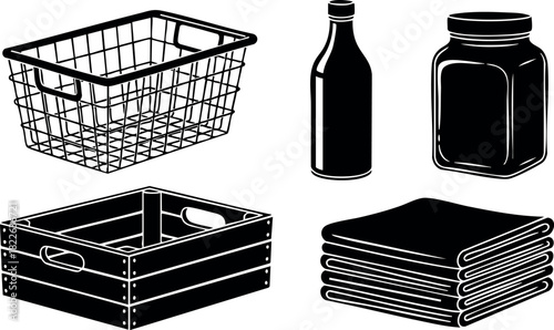 Black silhouette grocery basket crate bottle jar and folded cloth vector illustration