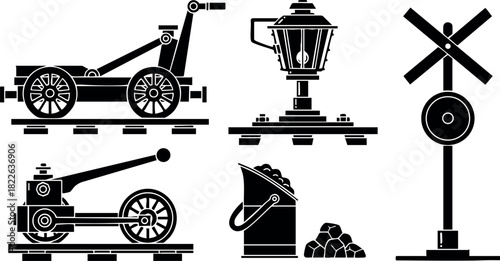 Vintage railroad tools and equipment vector set
