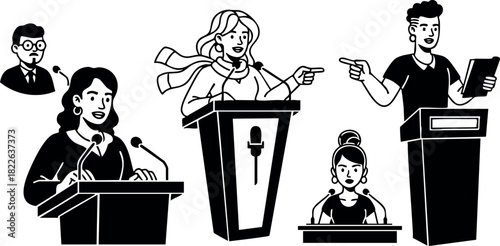 Public speaking debate presentation with speakers and audience vector illustration