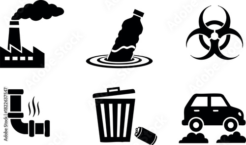 Pollution icons set including factory smoke plastic waste biohazard and car emissions