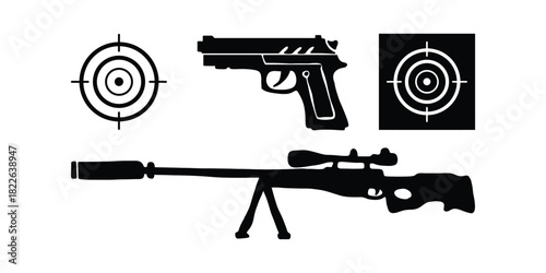 Firearm Silhouette Collection with Shooting Targets. Gun Icons and Target Mark Illustrations