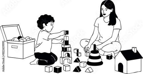 Child and woman playing with building blocks and toys