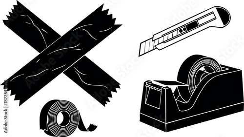 Vector illustration of packing tape cutter and tape rolls