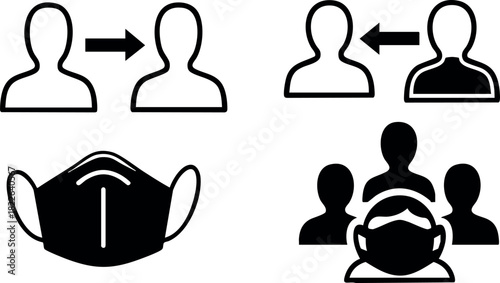 Social distancing and face mask icons for health safety