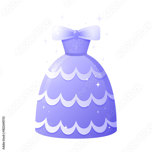Elegant purple dress illustration featuring a bow and scalloped design, adorned with sparkling accents, perfect for fashion themes, children's events princess style and charm.