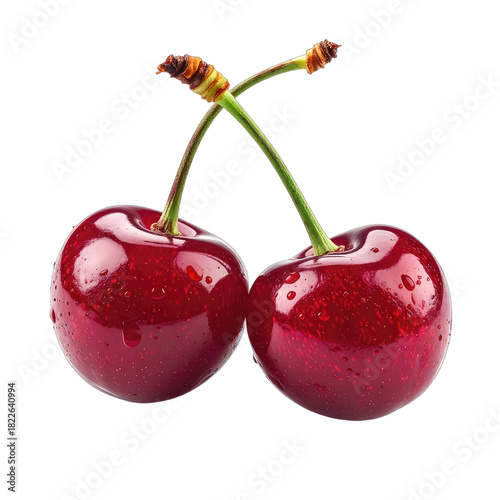 Two ripe cherries with stems and water droplets against a black background.