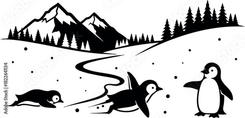Black and white vector illustration of penguins in snowy mountain landscape