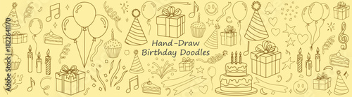Hand Drawn Birthday Celebration Clipart Party Hats Cakes Gifts Balloons Confetti Music Notes Illustration for Graphic