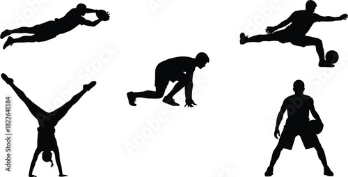 Silhouette collection of athletes performing various sports activities on white background