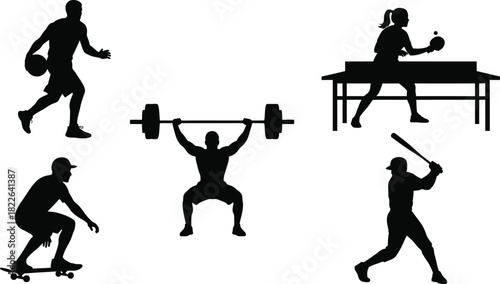 Silhouette collection of athletes engaging in various sports activities with white background