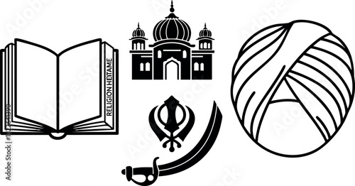 Sikhism symbols set turban temple khanda sword and religious book vector