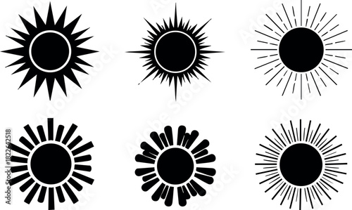 Set of black sun icons with various rays and styles vector illustration