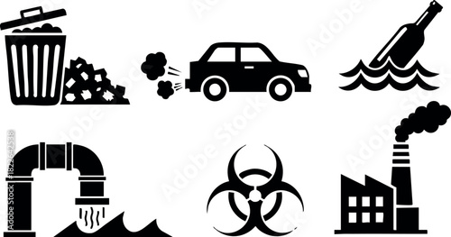 Pollution icons set with waste car bottle pipe biohazard and factory