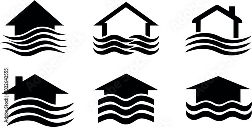 Flooded house icons set with water waves silhouette