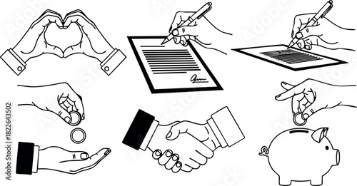 Hand gestures with heart symbol contract signing coin saving and handshake vector illustration