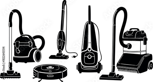 Vector illustration of various vacuum cleaner silhouettes in black
