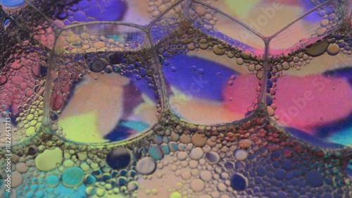 Psychedelic colorful oil globules moving in soapy water