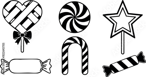 Black and white candy icons set with heart star lollipop and striped sweets