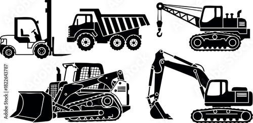 Construction machinery silhouettes including forklift dump truck crane bulldozer and excavator vector illustration
