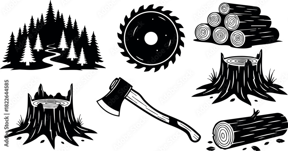 Naklejka premium Forest landscape with trees axe saw and logs silhouette vector illustration