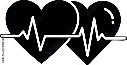 Heartbeat pulse line connecting two solid hearts vector illustration