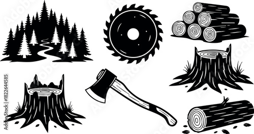 Forest landscape with trees axe saw and logs silhouette vector illustration