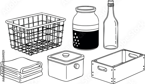 Household storage containers with baskets jars and towels line art vector illustration