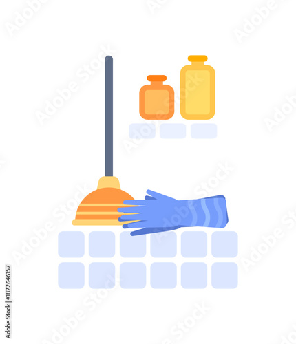 Cleaning equipment featuring a plunger and blue gloves, alongside detergent bottles, arranged neatly on a tiled surface, illustrating essential tools for effective household cleaning tasks