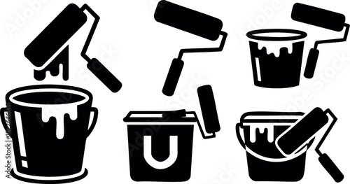 Paint bucket and roller vector icons set