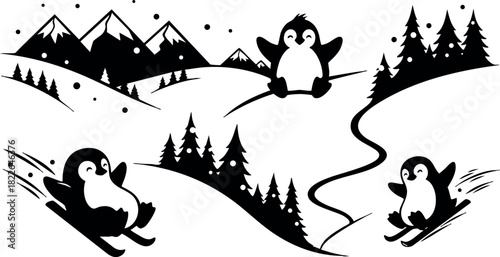 Playful penguins sledding in snowy mountain landscape vector illustration
