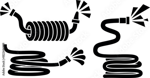 Black silhouette water hoses with spray nozzles vector illustration