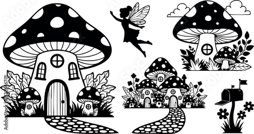 Black and white fairy tale mushroom house with fairy and mailbox vector illustration