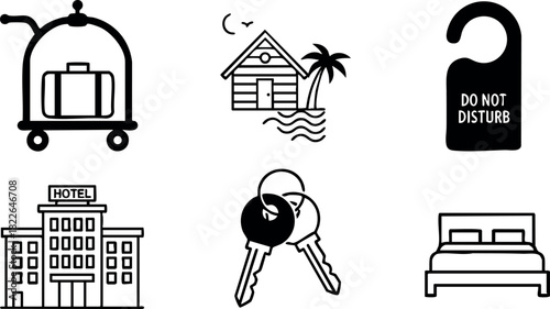 Hotel and travel icons set with luggage trolley house keys and bedroom door sign
