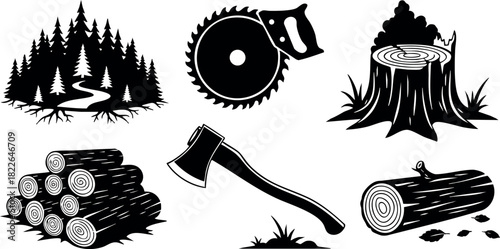 Forest and logging icons with axe saw tree stump and timber logs vector illustration