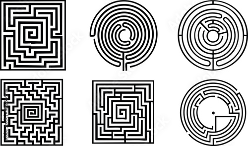Black and white maze collection with square and circular labyrinth designs