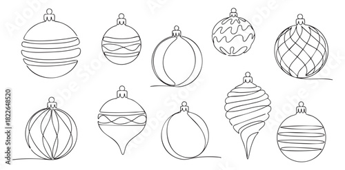SET - Black outline of various christmas baubles isolated on white background, Continuous one line drawing illustration. icon, holiday decor, festive ornament, xmas celebration, Christmas decorations