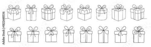 SET - Black outline illustrations of gift boxes with bows, isolated on white background. concept of presents, celebrations, gift wrapping, icons, design elements, Continuous one line drawing