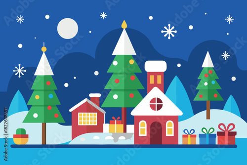 Christmas wonderland scene with festive houses and decorated trees under moonlit sky, graphic illustration. concept of holiday spirit, winter, celebration, festivity, seasonal art