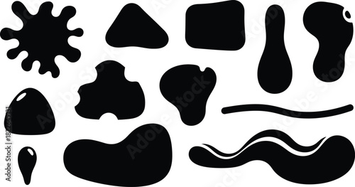 Collection of various black ink blot shapes on white background