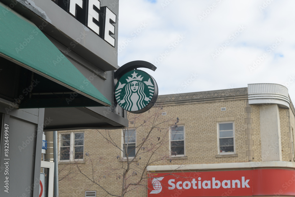 Fototapeta premium projecting sign outside Starbucks 444 Eglinton Av W and Scotiabank 438 Eglinton Av W, Toronto