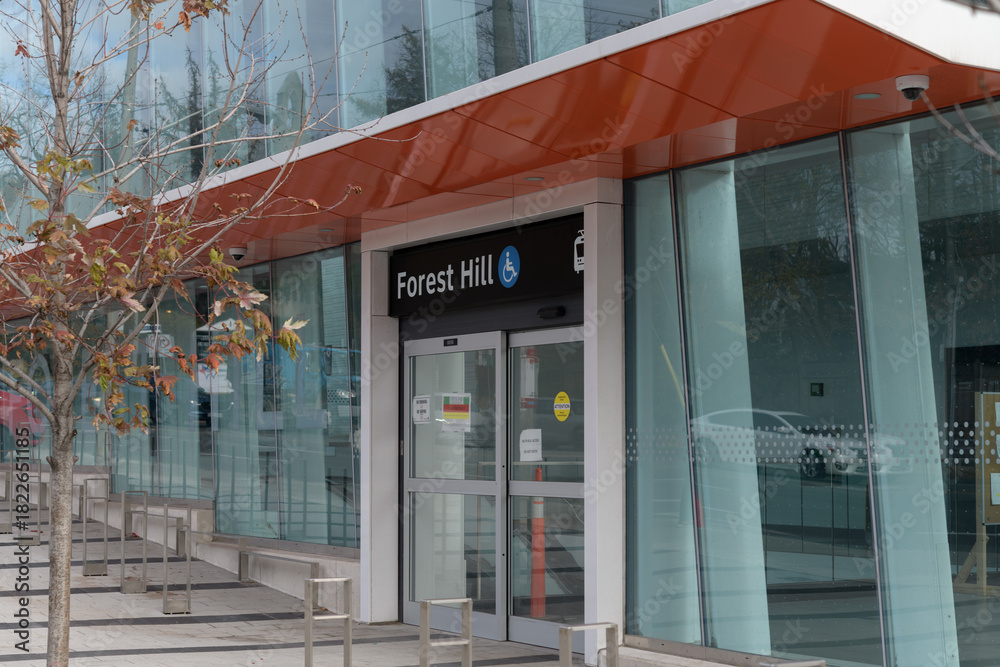Obraz premium exterior entrance facade and sign at Forest Hill LRT Station, Eglinton Crosstown, located at 842 Eglinton Av W, Toronto